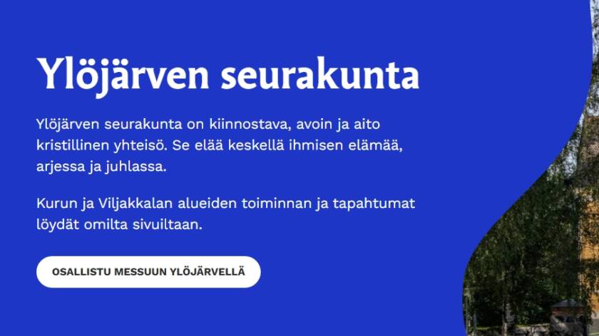 Kuva Ylöjärven seurakunnan uudistuneen verkkosivuston etusivusta.