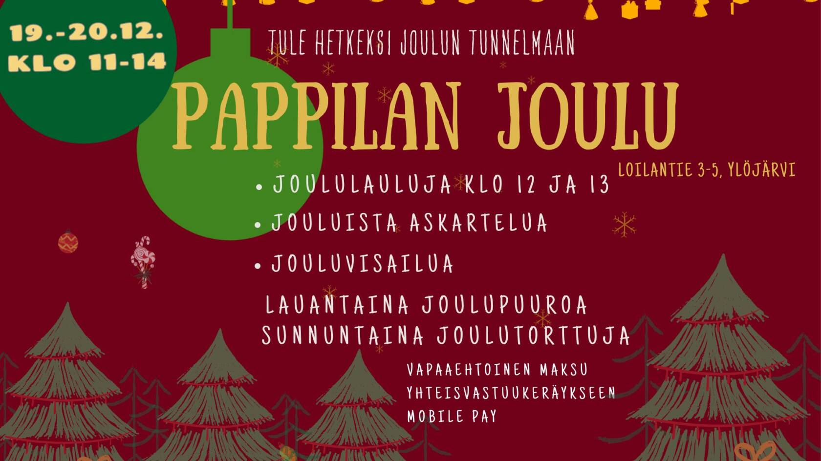 Pappilan joulun tapahtumakuvaus kuvitettuna kuusilla